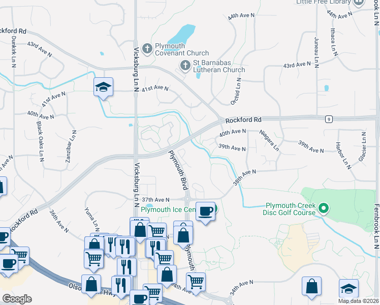 map of restaurants, bars, coffee shops, grocery stores, and more near 3900 Plymouth Boulevard in Plymouth