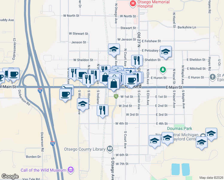 map of restaurants, bars, coffee shops, grocery stores, and more near 109 Michigan Avenue in Gaylord