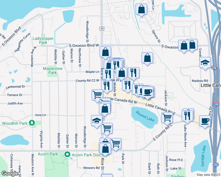 map of restaurants, bars, coffee shops, grocery stores, and more near 2850 Rice Street in Saint Paul