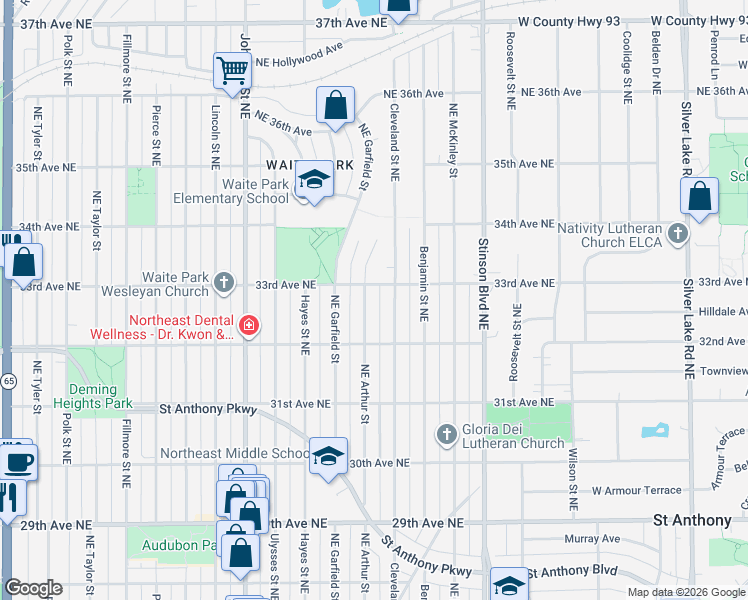 map of restaurants, bars, coffee shops, grocery stores, and more near 3238 Northeast Cleveland Street in Minneapolis