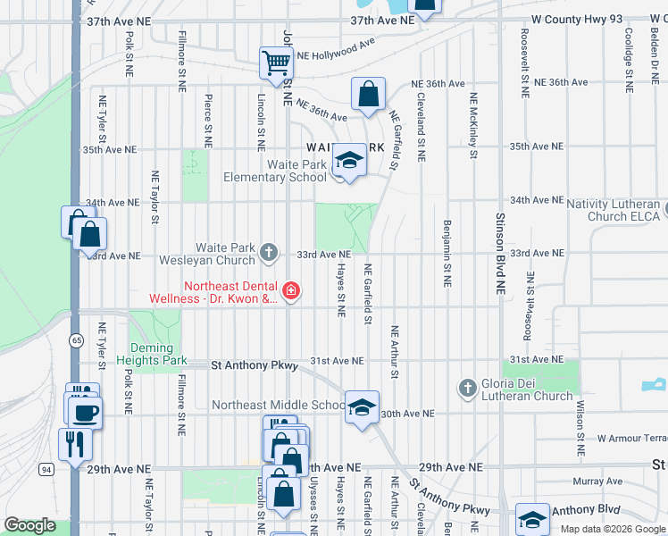 map of restaurants, bars, coffee shops, grocery stores, and more near 3239 Ulysses Street Northeast in Minneapolis