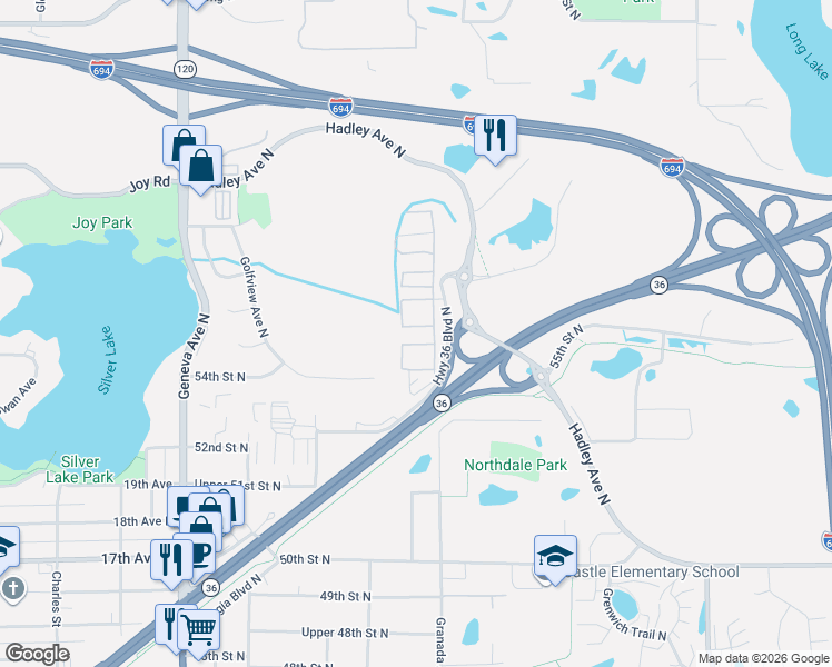 map of restaurants, bars, coffee shops, grocery stores, and more near 6417 54th Street North in Oakdale