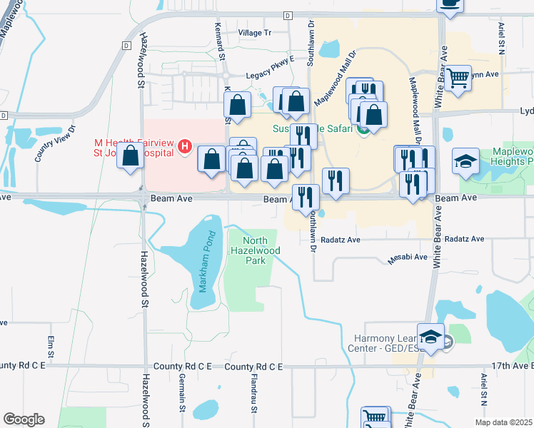 map of restaurants, bars, coffee shops, grocery stores, and more near 1670 Beam Avenue in Saint Paul