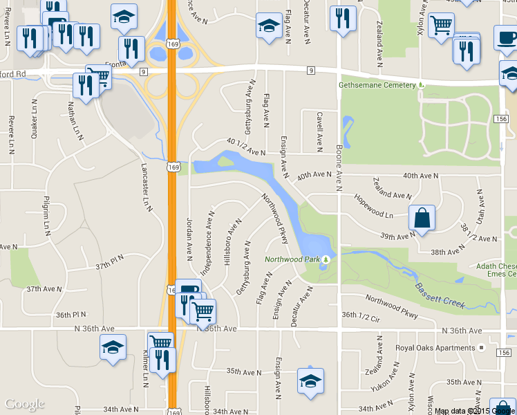 map of restaurants, bars, coffee shops, grocery stores, and more near 3856 Hillsboro Avenue North in Minneapolis