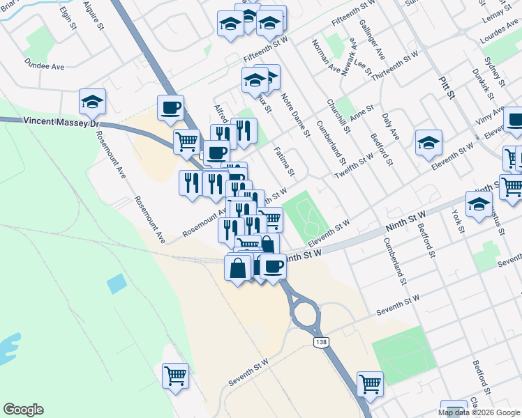 map of restaurants, bars, coffee shops, grocery stores, and more near 500 Twelfth Street West in Cornwall