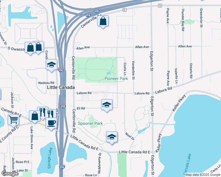 map of restaurants, bars, coffee shops, grocery stores, and more near 445 Labore Road in Little Canada