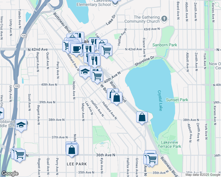 map of restaurants, bars, coffee shops, grocery stores, and more near 4300 Robbins Landing North in Minneapolis