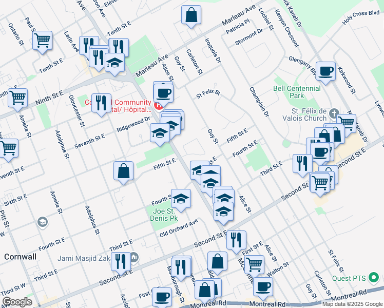 map of restaurants, bars, coffee shops, grocery stores, and more near Monaco Crescent in Cornwall