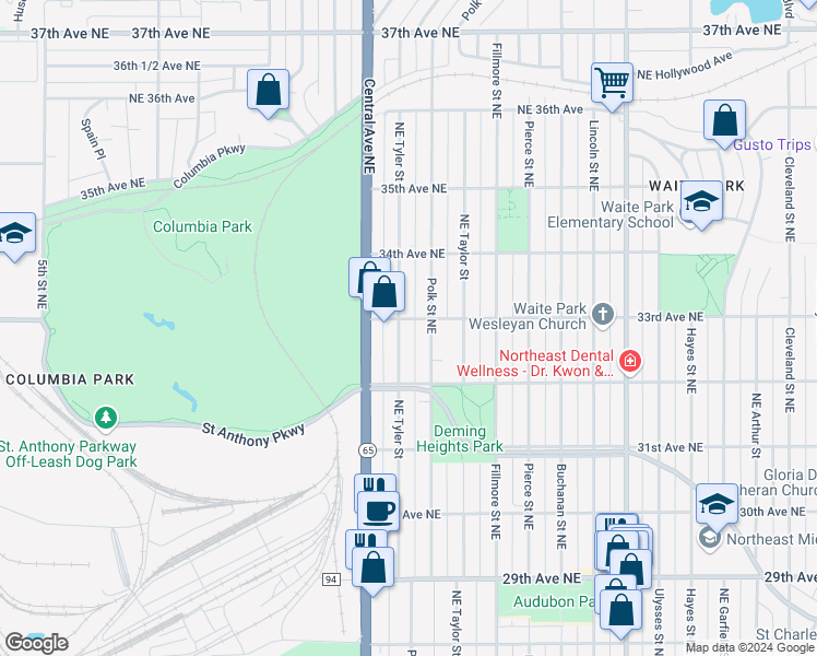 map of restaurants, bars, coffee shops, grocery stores, and more near 3255 Tyler St NE in Minneapolis