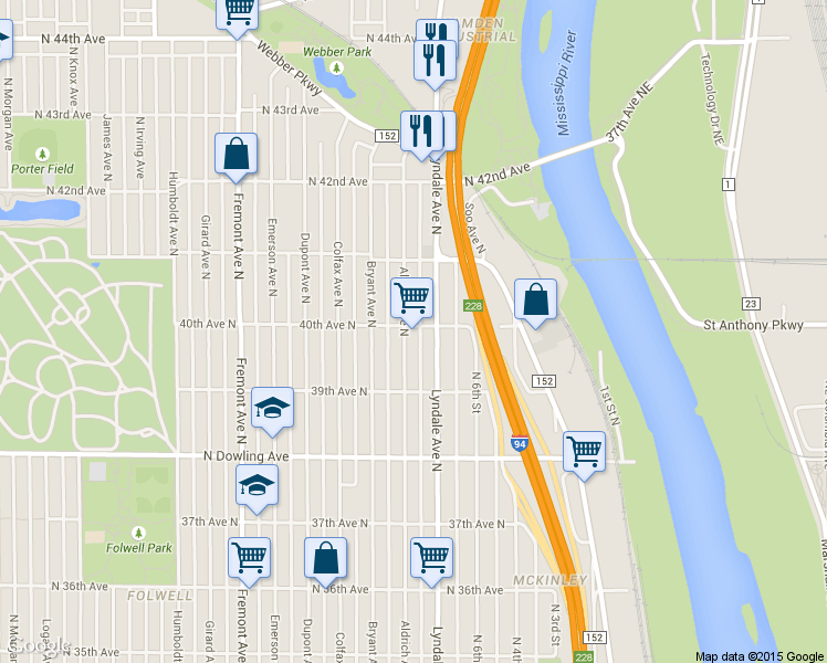 map of restaurants, bars, coffee shops, grocery stores, and more near 3943 North Aldrich Avenue in Minneapolis