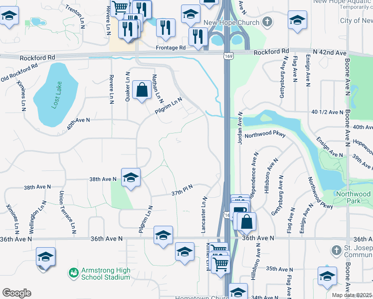 map of restaurants, bars, coffee shops, grocery stores, and more near 3905 Lancaster Lane North in Plymouth