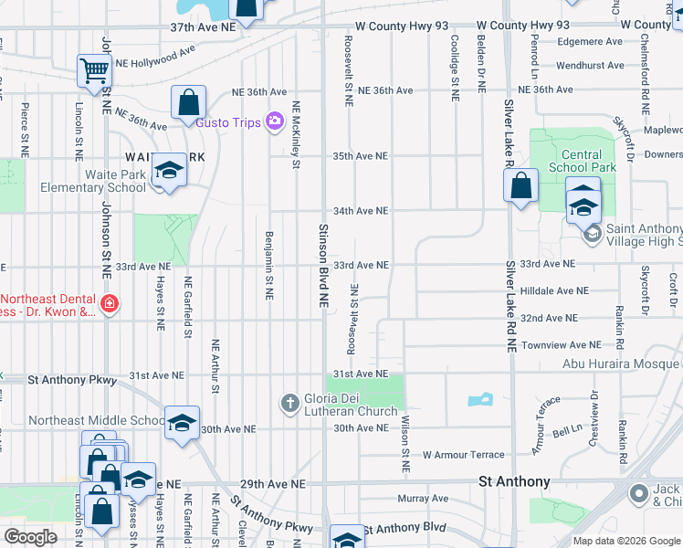 map of restaurants, bars, coffee shops, grocery stores, and more near 3239 Northeast Stinson Boulevard in Minneapolis