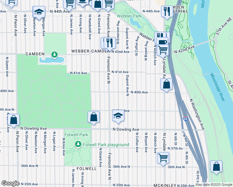 map of restaurants, bars, coffee shops, grocery stores, and more near 3959 Emerson Avenue North in Minneapolis