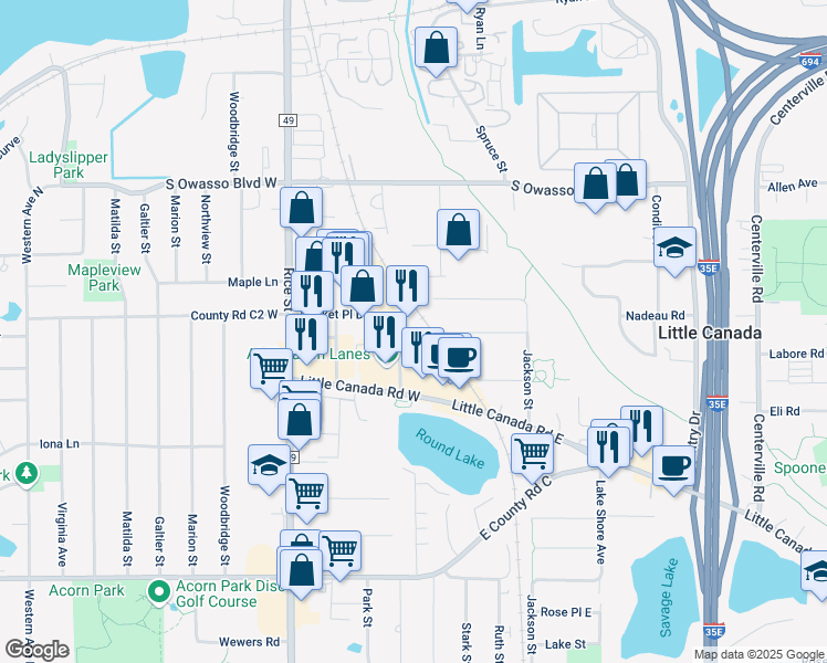 map of restaurants, bars, coffee shops, grocery stores, and more near 61 Little Canada Road West in Little Canada