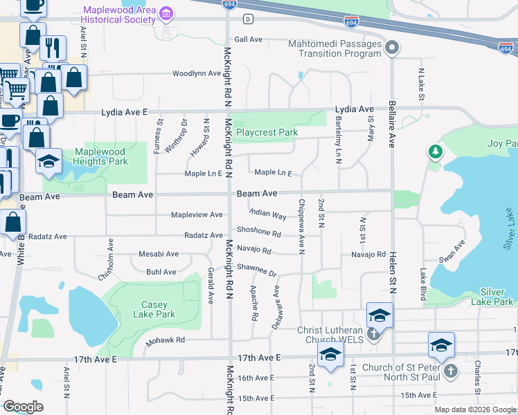 map of restaurants, bars, coffee shops, grocery stores, and more near 2310 Indian Way in North Saint Paul