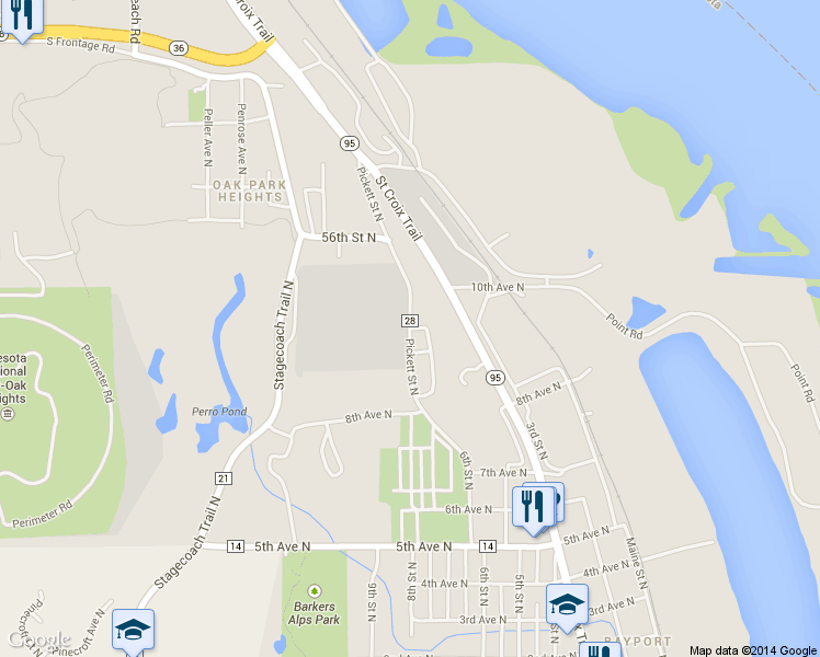 map of restaurants, bars, coffee shops, grocery stores, and more near Pickett St N in Bayport