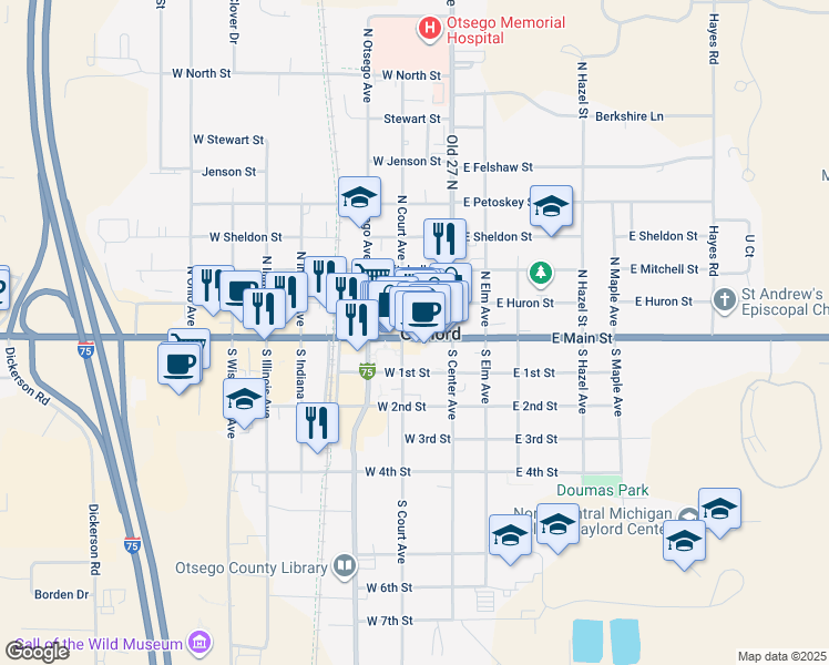 map of restaurants, bars, coffee shops, grocery stores, and more near 138 West Main Street in Gaylord