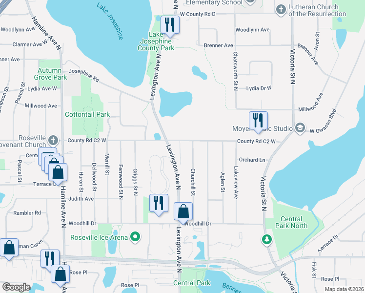map of restaurants, bars, coffee shops, grocery stores, and more near 2823 Lexington Avenue North in Roseville