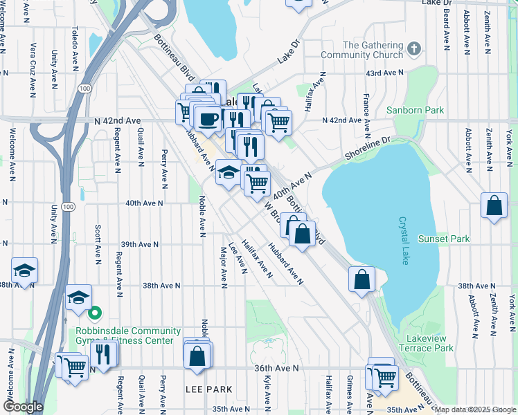 map of restaurants, bars, coffee shops, grocery stores, and more near 3964 Hubbard Avenue North in Minneapolis