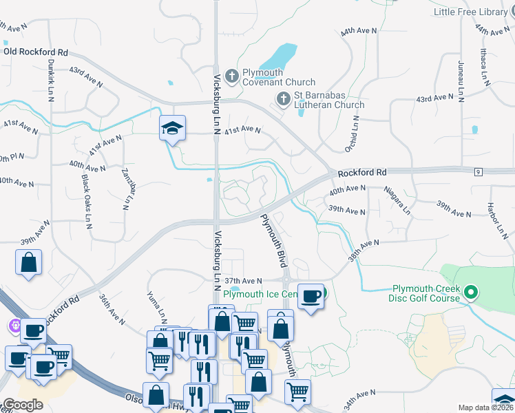 map of restaurants, bars, coffee shops, grocery stores, and more near 15730 Rockford Road in Plymouth