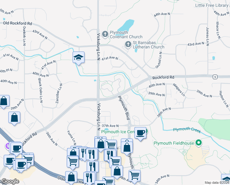 map of restaurants, bars, coffee shops, grocery stores, and more near 15730 Rockford Road in Plymouth