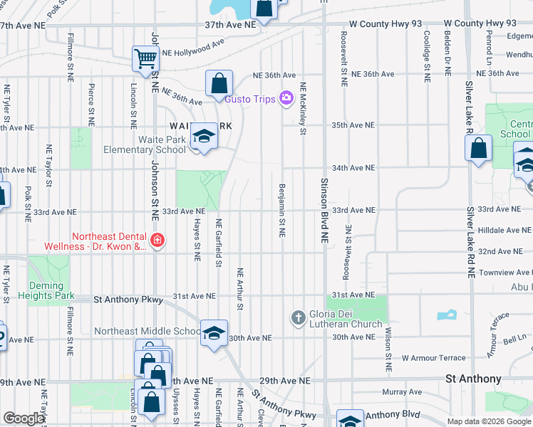 map of restaurants, bars, coffee shops, grocery stores, and more near 3238 Northeast Cleveland Street in Minneapolis