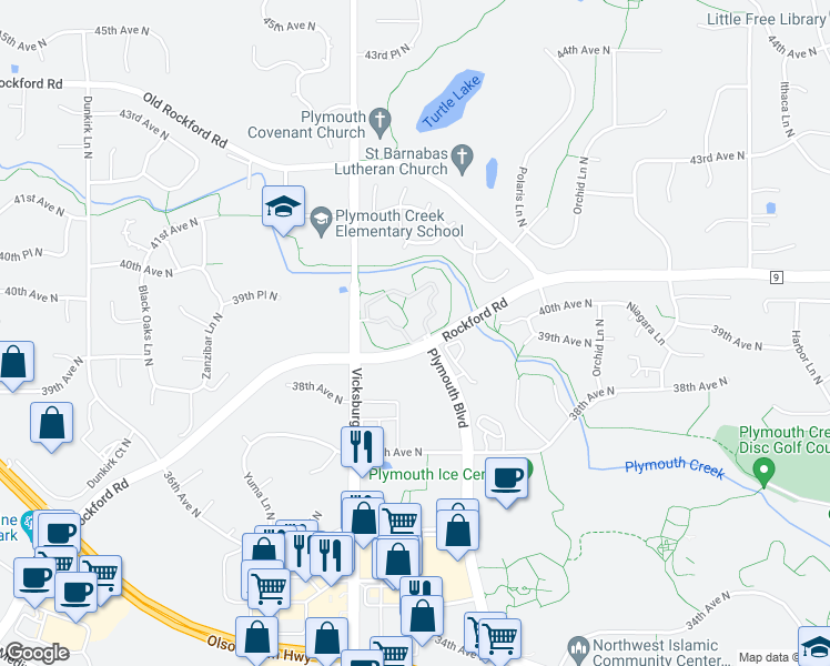 map of restaurants, bars, coffee shops, grocery stores, and more near 15755 Rockford Road in Minneapolis