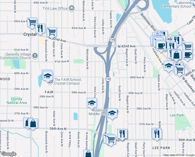 map of restaurants, bars, coffee shops, grocery stores, and more near 3934 Vera Cruz Avenue North in Minneapolis
