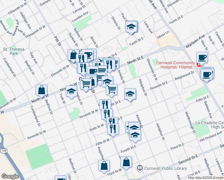 map of restaurants, bars, coffee shops, grocery stores, and more near 735 Sydney Street in Cornwall