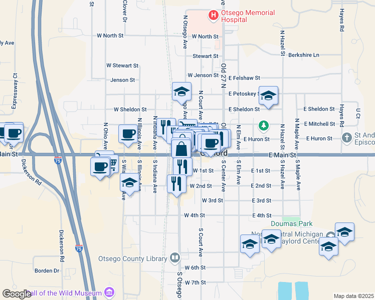 map of restaurants, bars, coffee shops, grocery stores, and more near 225 West Main Street in Gaylord