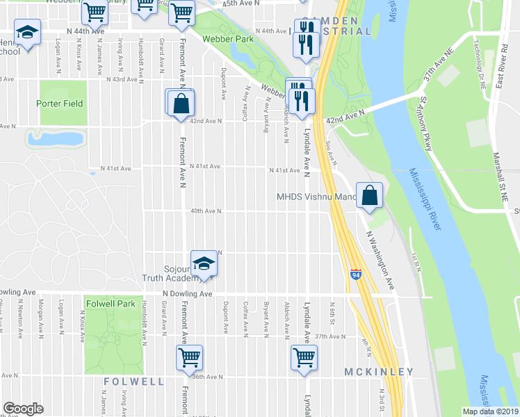 map of restaurants, bars, coffee shops, grocery stores, and more near 3943 North Bryant Avenue in Minneapolis