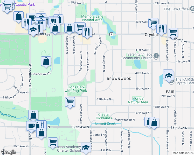 map of restaurants, bars, coffee shops, grocery stores, and more near 3900 Jersey Avenue North in Minneapolis