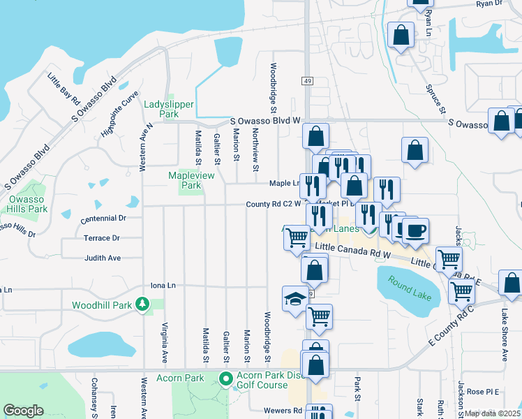 map of restaurants, bars, coffee shops, grocery stores, and more near 2850 Marion Street in Roseville