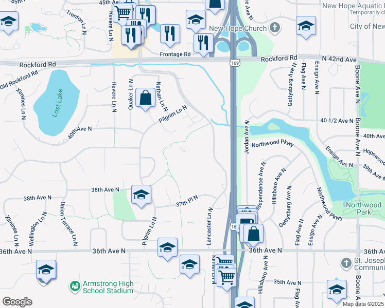 map of restaurants, bars, coffee shops, grocery stores, and more near 3925 Lancaster Lane North in Plymouth
