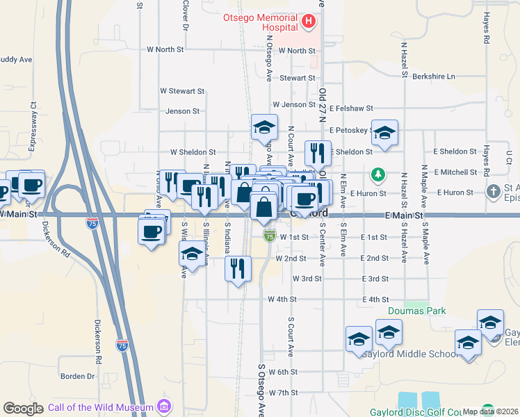 map of restaurants, bars, coffee shops, grocery stores, and more near 324 West Main Street in Gaylord