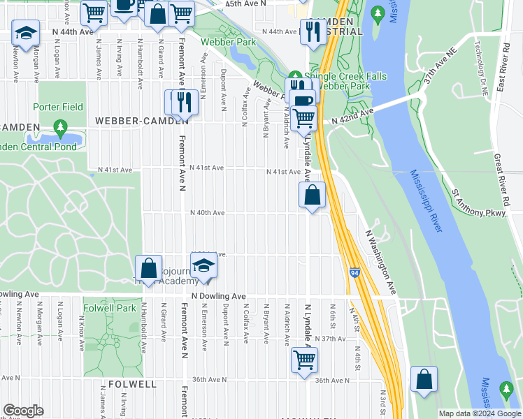 map of restaurants, bars, coffee shops, grocery stores, and more near 4003 Bryant Avenue North in Minneapolis