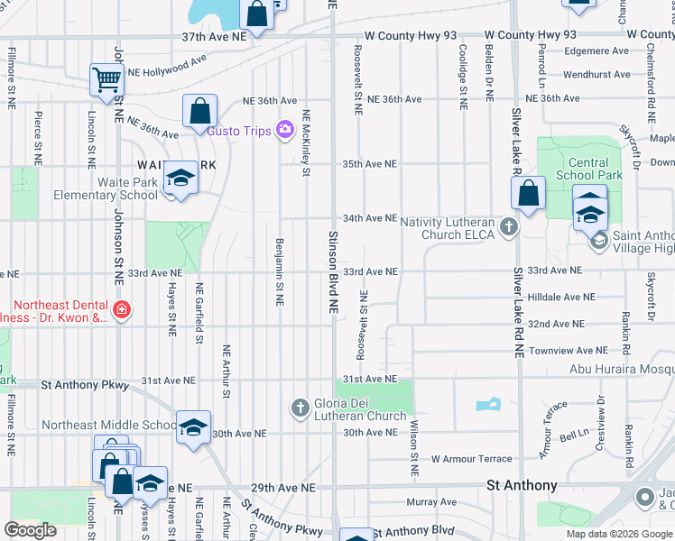 map of restaurants, bars, coffee shops, grocery stores, and more near 3325 Stinson Boulevard Northeast in Minneapolis