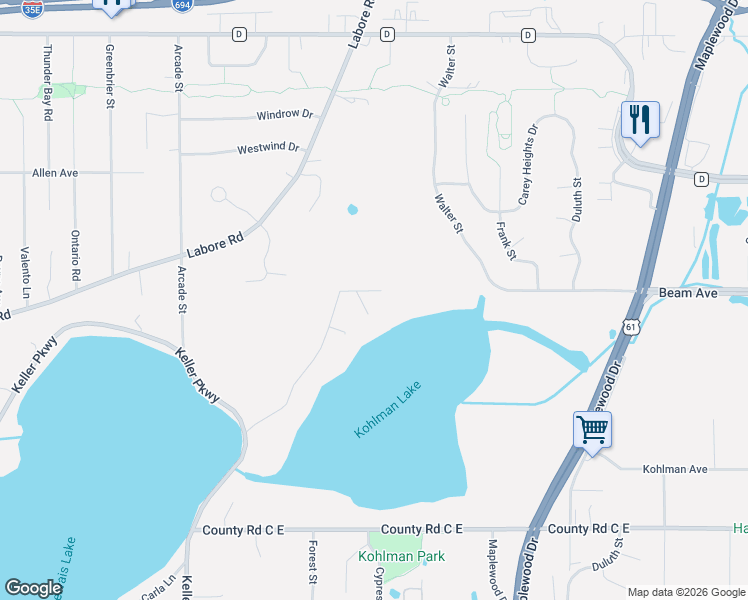 map of restaurants, bars, coffee shops, grocery stores, and more near 975 Beam Avenue in Little Canada