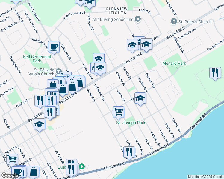 map of restaurants, bars, coffee shops, grocery stores, and more near 1450 1 Street East in Cornwall