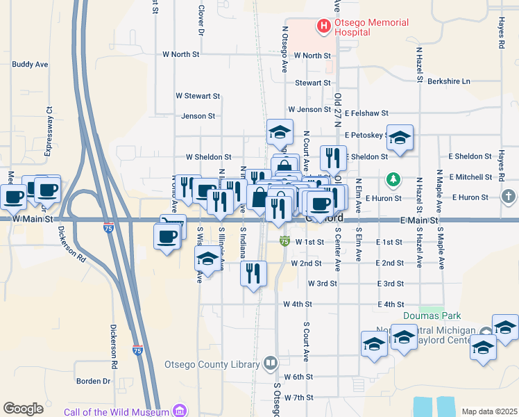 map of restaurants, bars, coffee shops, grocery stores, and more near 144 N Otsego Ave in Gaylord