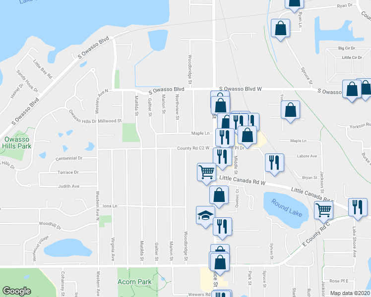 map of restaurants, bars, coffee shops, grocery stores, and more near 2898 Woodbridge Street in Roseville