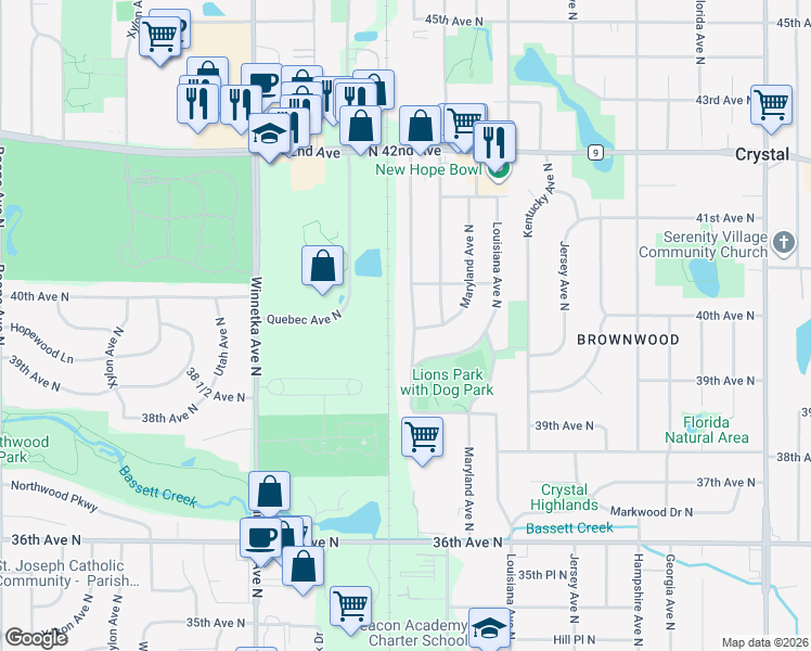 map of restaurants, bars, coffee shops, grocery stores, and more near 3951 Oregon Avenue North in Minneapolis