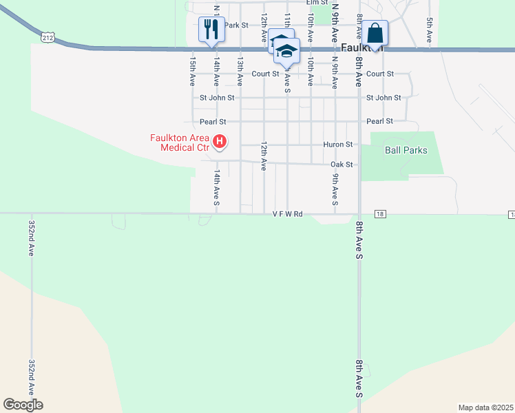 map of restaurants, bars, coffee shops, grocery stores, and more near 614 12th Avenue in Faulkton