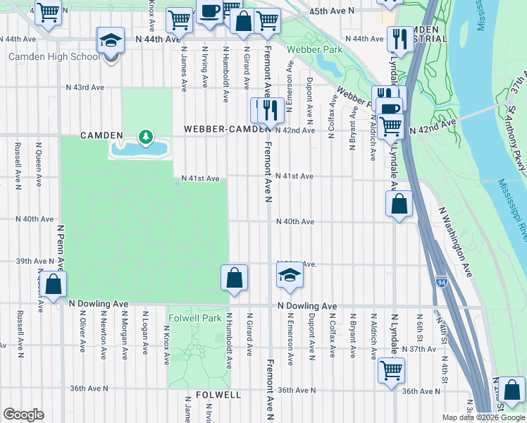 map of restaurants, bars, coffee shops, grocery stores, and more near 4022 North Fremont Avenue in Minneapolis