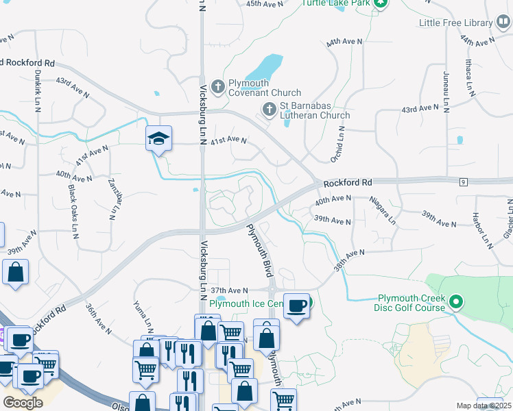 map of restaurants, bars, coffee shops, grocery stores, and more near 15700 Rockford Road in Minneapolis