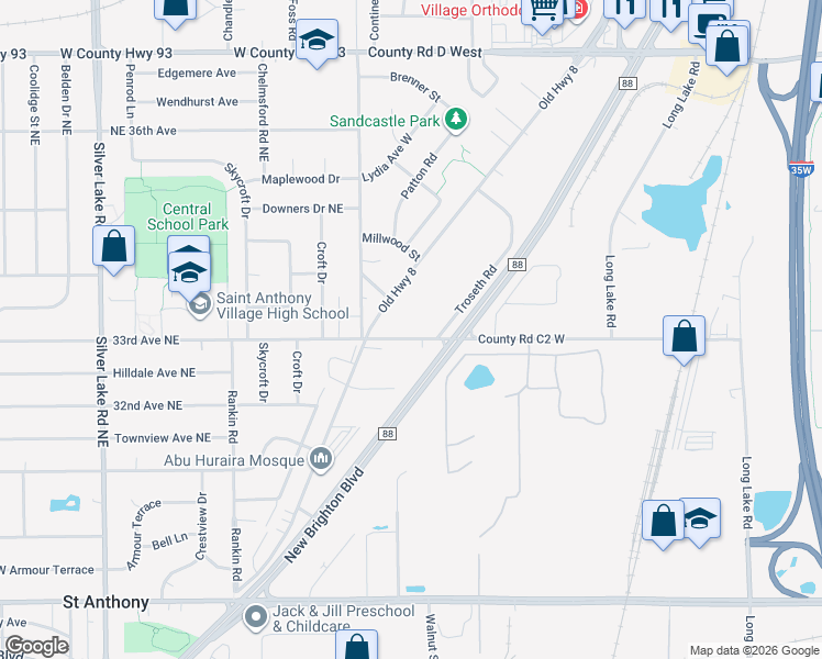 map of restaurants, bars, coffee shops, grocery stores, and more near 2485 County Road C2 West in Roseville