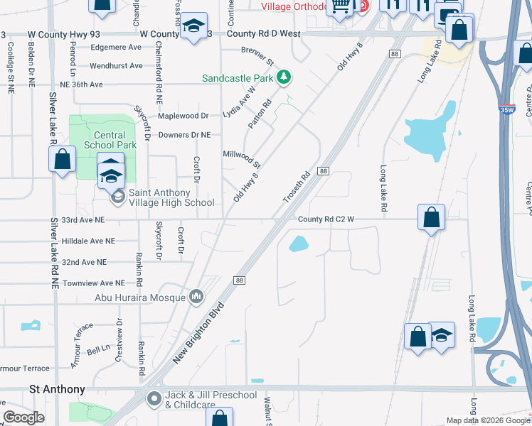 map of restaurants, bars, coffee shops, grocery stores, and more near 2485 County Road C2 West in Roseville