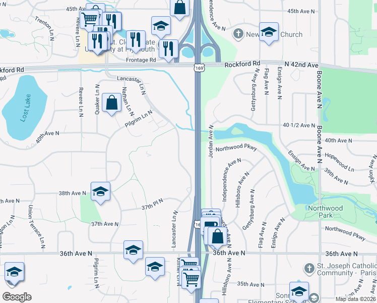 map of restaurants, bars, coffee shops, grocery stores, and more near 3930 Lancaster Lane North in Plymouth