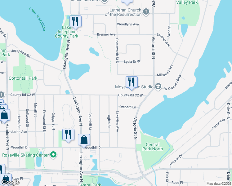 map of restaurants, bars, coffee shops, grocery stores, and more near 981 County Road C2 West in Roseville