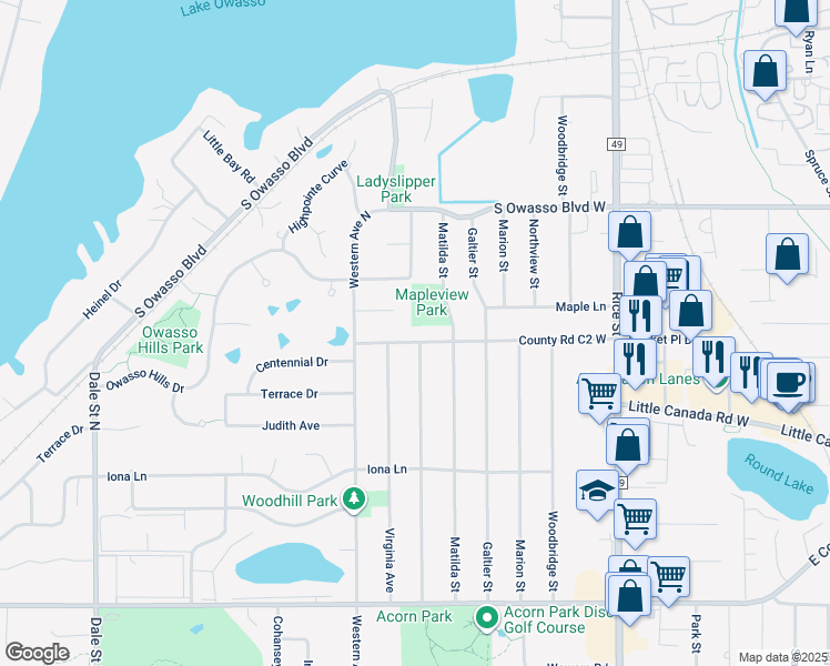 map of restaurants, bars, coffee shops, grocery stores, and more near 325 County Road C2 West in Roseville
